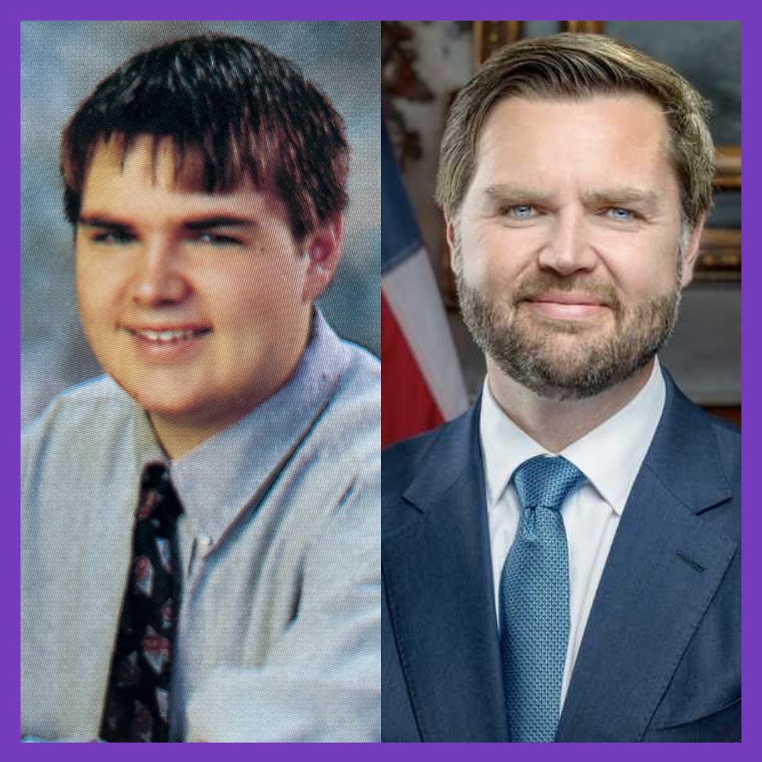 Side by side graphic of JD Vance's yearbook photo and his official VP portrait